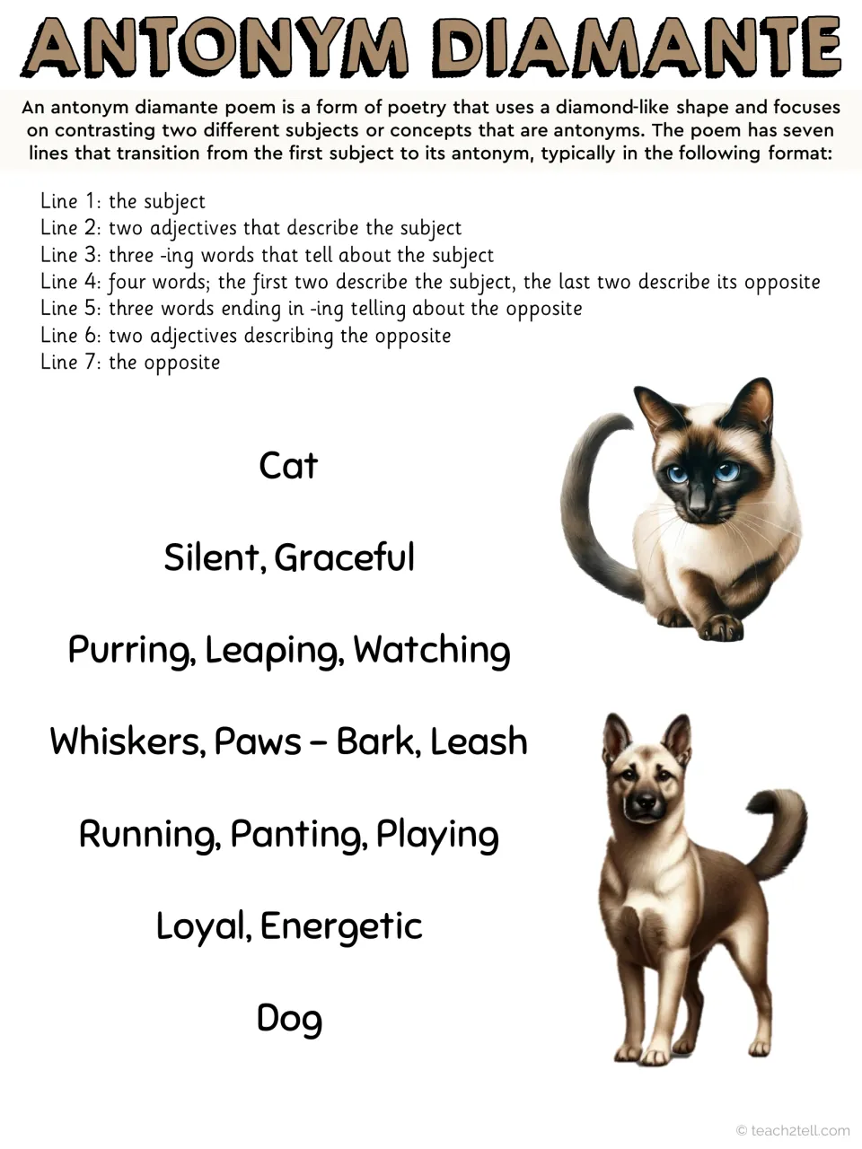 Color version of the cat-to-dog diamante with the seven-line rules: Silent, Graceful to Loyal, Energetic