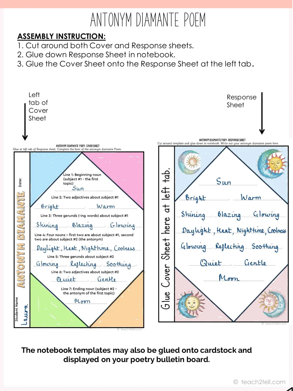 Assembly steps for the diamante flap: cut both sheets, glue the response sheet down, attach the cover at its left tab