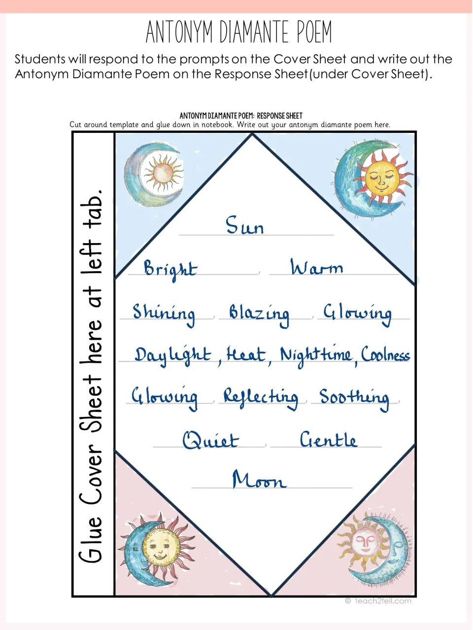 Completed response sheet example: a sun-to-moon diamante moving from Bright, Warm to Quiet, Gentle