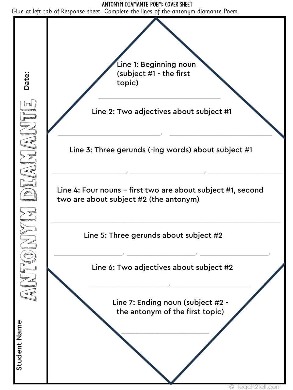 Diamante cover sheet: students fill seven prompted lines, from beginning noun, adjectives and gerunds to the antonym noun