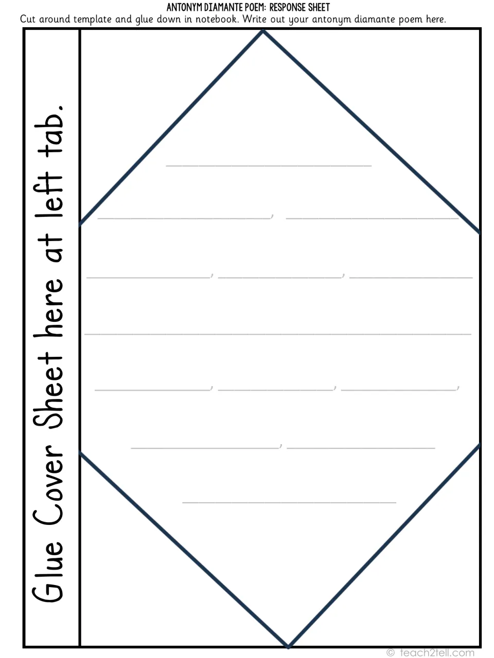 Diamante response sheet: students write their final seven-line antonym poem in the diamond, then glue it into a notebook