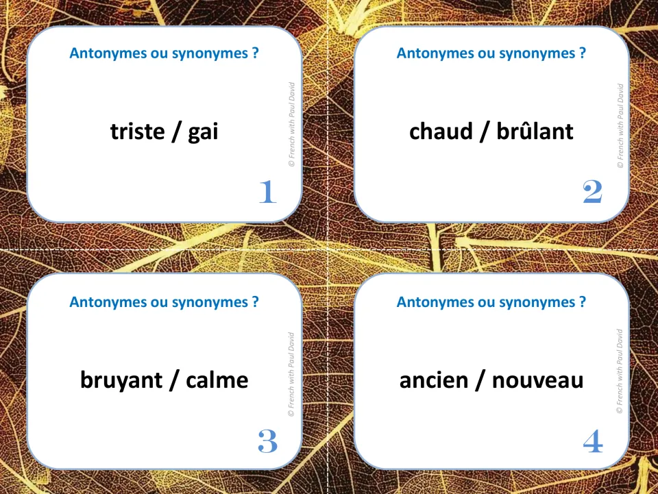 French word-pair cards 1-4: students decide if triste/gai, chaud/brûlant, bruyant/calme, ancien/nouveau are opposites