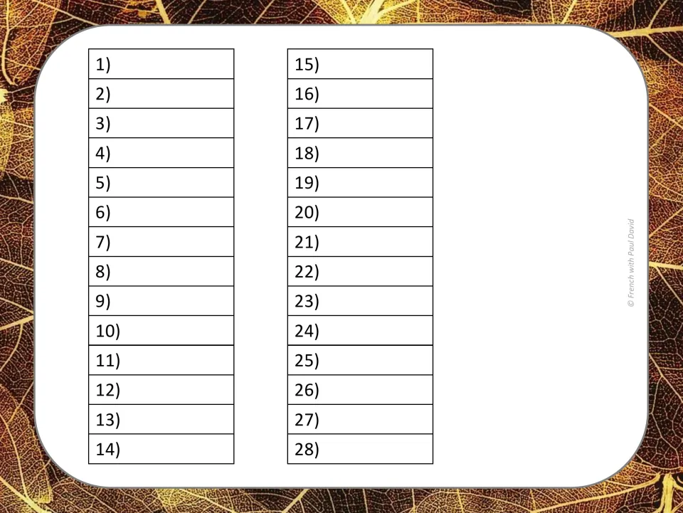 Recording sheet for word-pair cards: students write antonymes or synonymes beside each numbered answer from 1 to 28