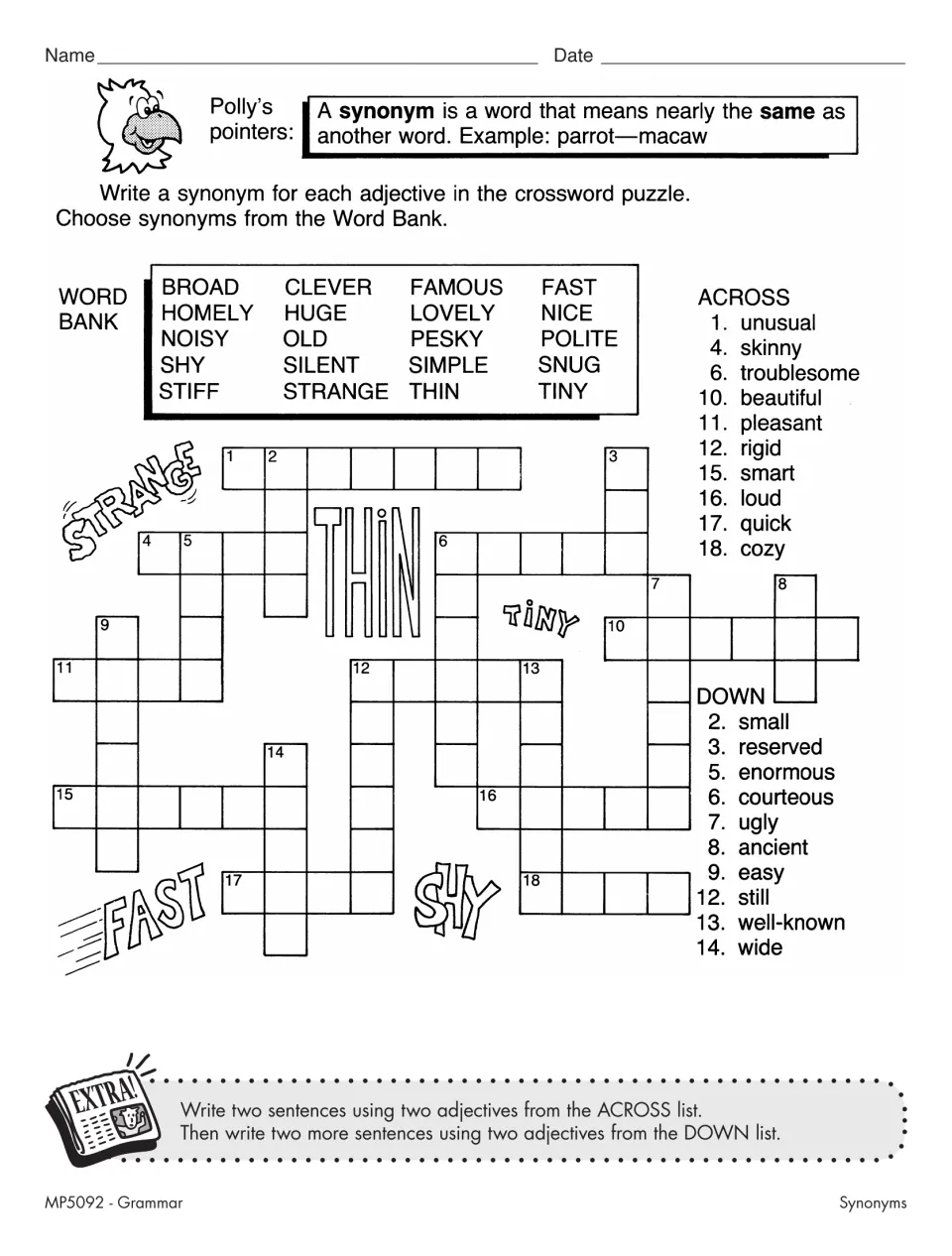Synonyms crossword: students write a word bank synonym for each adjective clue, such as unusual, skinny and enormous