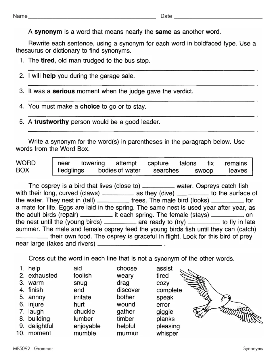 Synonyms: students rewrite sentences for bold words, fill an osprey paragraph from a word box and cross out non-synonyms
