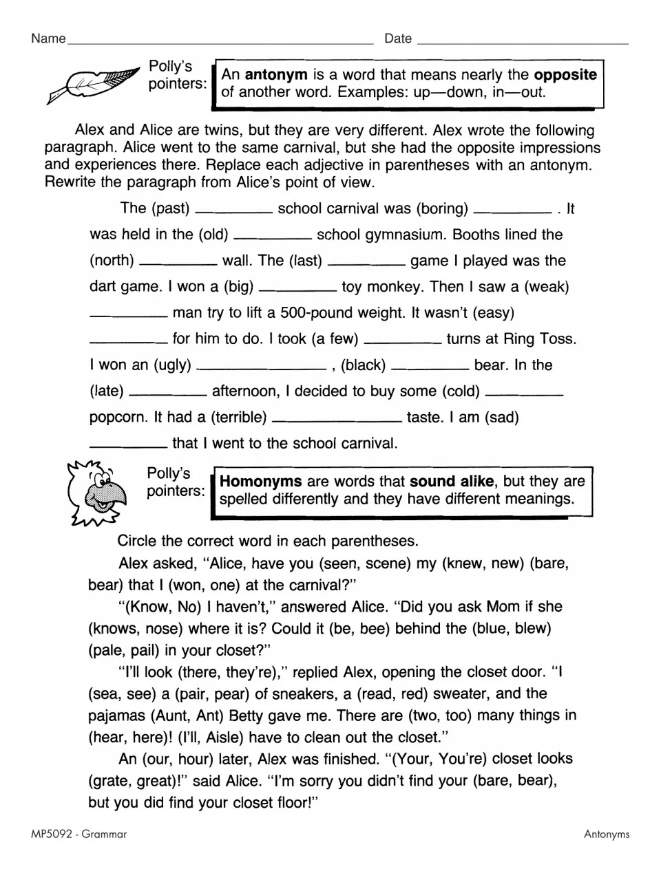 Antonyms and homonyms: students rewrite a carnival paragraph with opposite adjectives, then circle correct homonyms
