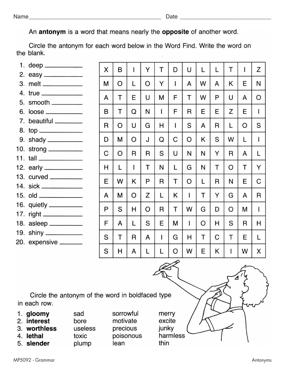 Antonyms word find: students circle opposites of 20 words like deep and melt, then circle antonyms of 5 bold words