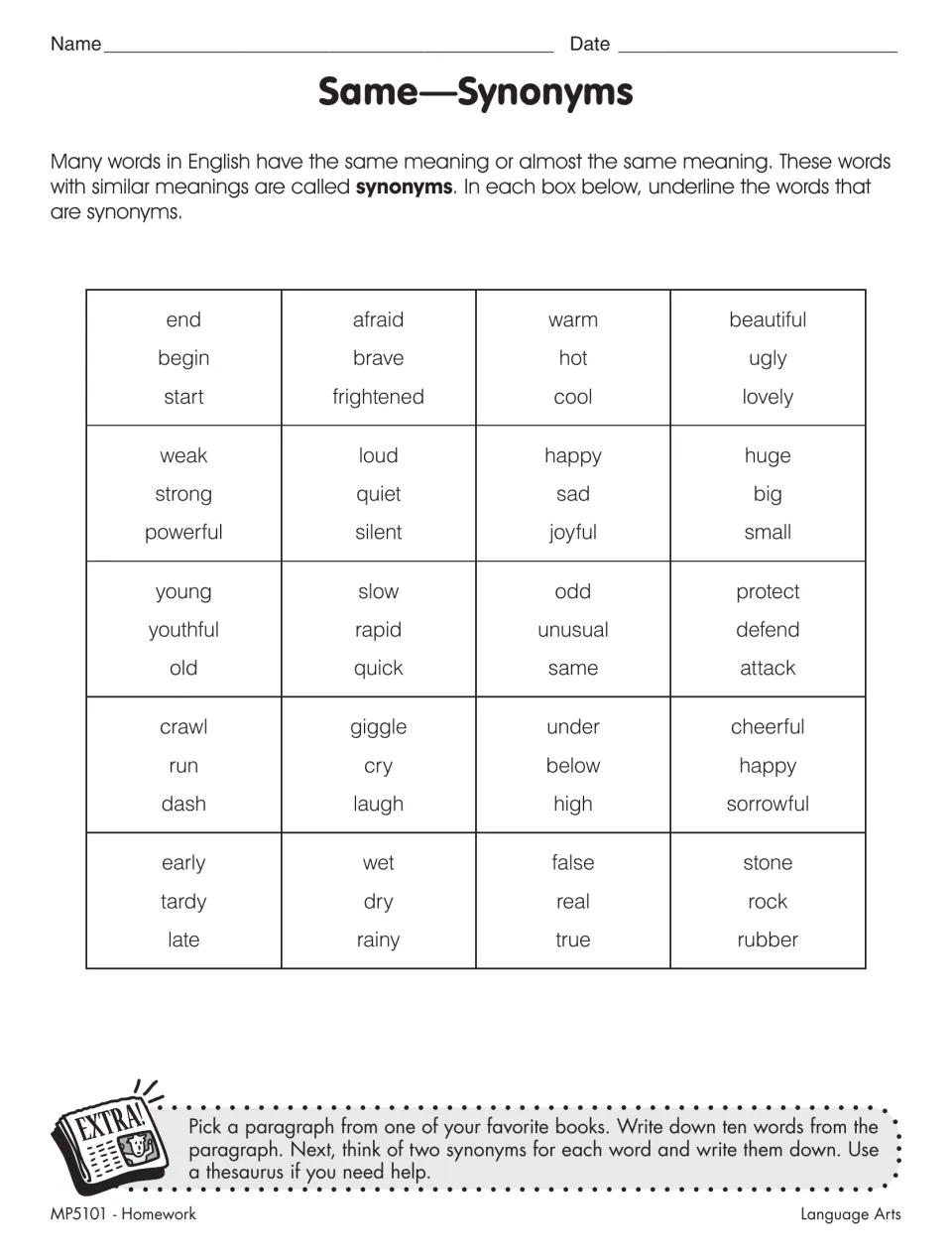 Same—Synonyms: students underline the two synonyms in each of 20 three-word sets, like begin and start or odd and unusual