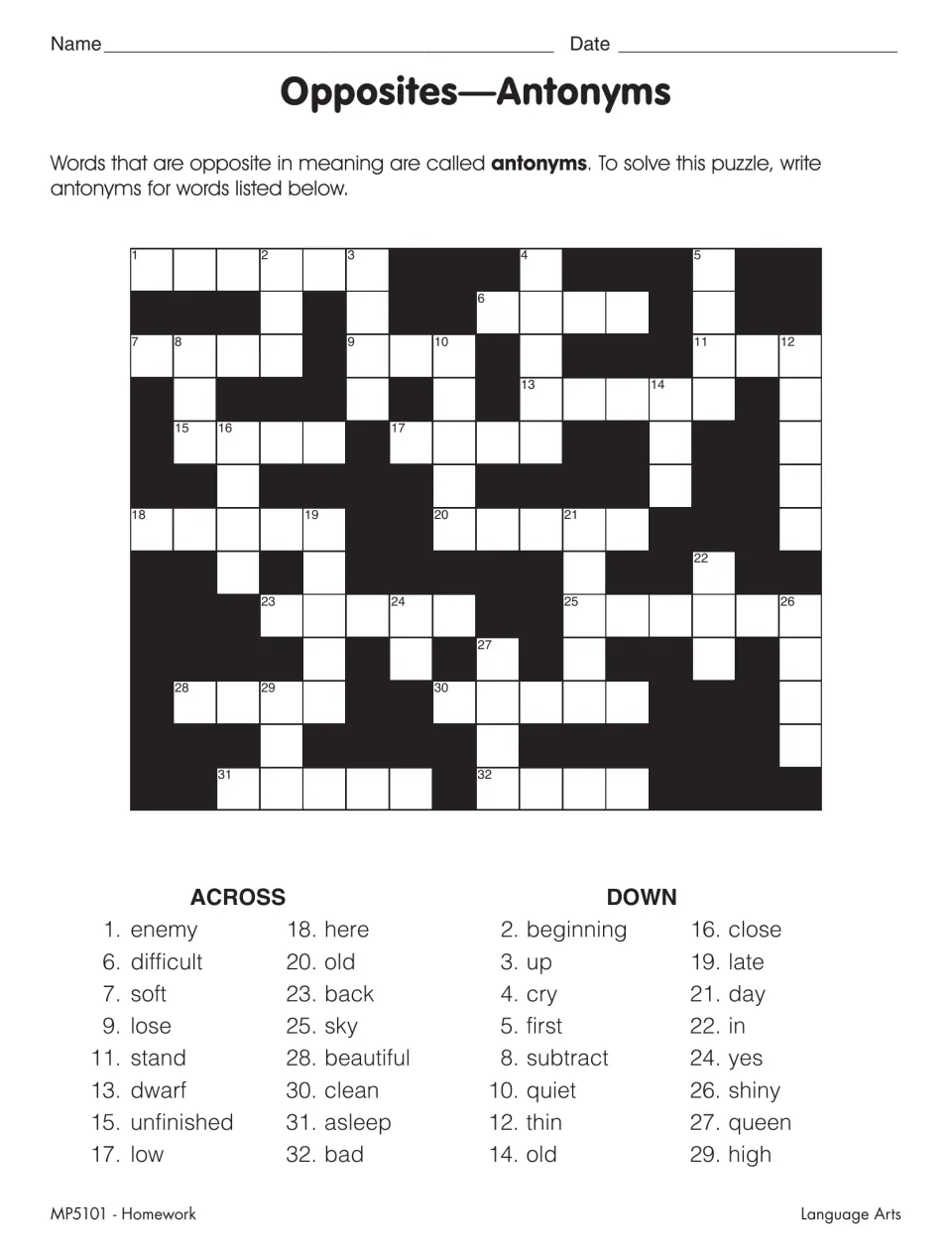 Opposites—Antonyms crossword: students write the antonym of each clue, such as enemy, difficult, beginning and queen