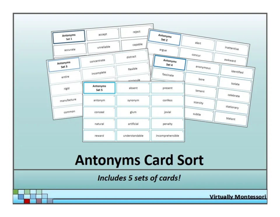 Antonyms Card Sort cover showing word cards from five antonym sets, such as absent, present, glum and jovial