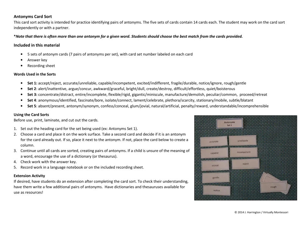 Teacher directions for matching antonym pairs: word lists for all five sets, sorting steps and an extension activity