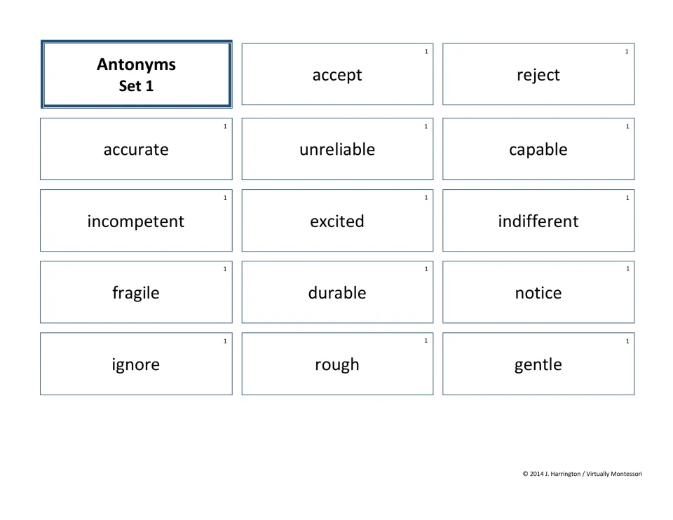 Antonyms Set 1 cards: students cut out and pair opposites such as accept/reject, fragile/durable and rough/gentle
