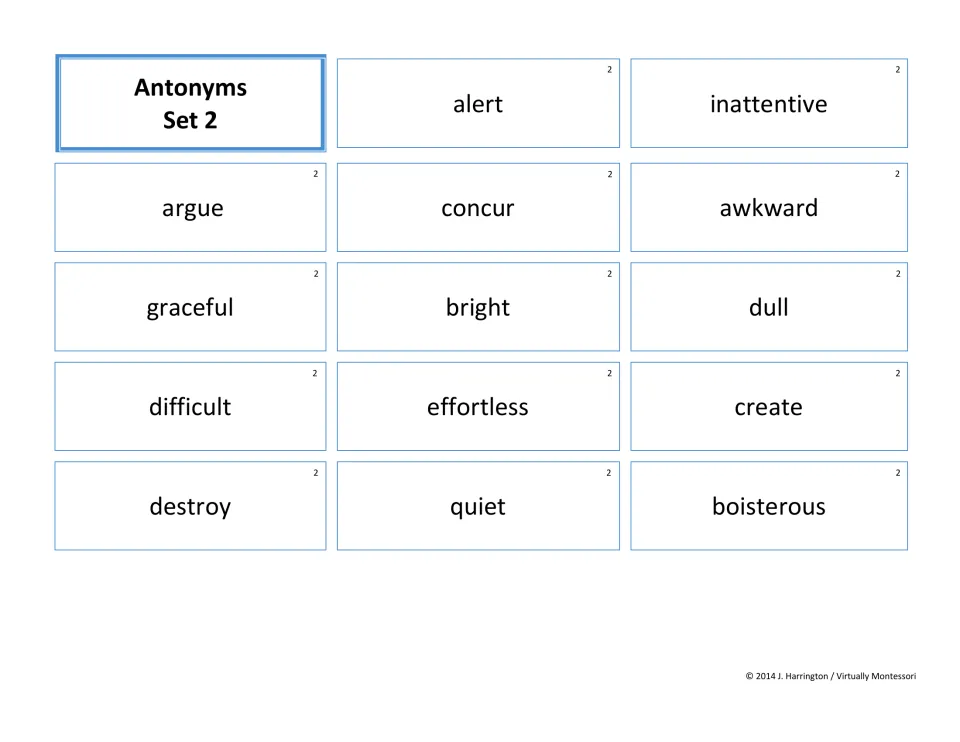 Antonyms Set 2 cards for pairing opposites like alert/inattentive, argue/concur, bright/dull and quiet/boisterous