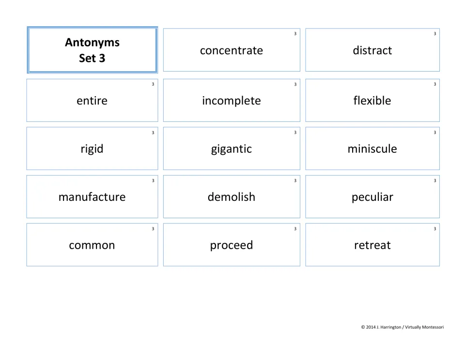 Antonyms Set 3 cards to match opposites including entire/incomplete, gigantic/miniscule and proceed/retreat