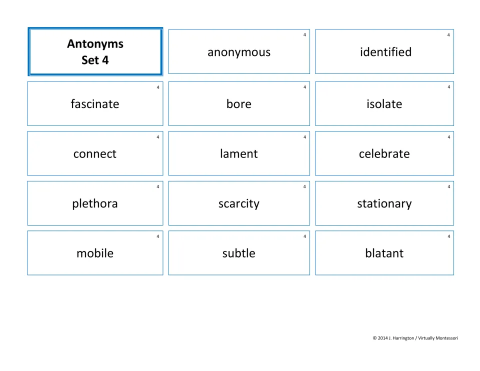 Antonyms Set 4 cards for pairing opposites such as anonymous/identified, plethora/scarcity and subtle/blatant