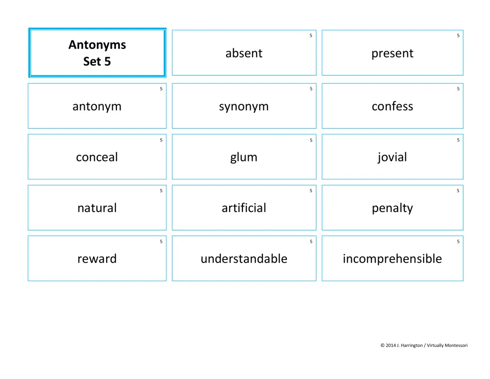 Antonyms Set 5 cards to match opposites like antonym/synonym, glum/jovial and understandable/incomprehensible