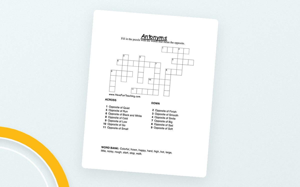 Antonyms Crossword Puzzle preview: Antonym crossword grid with across and down clues