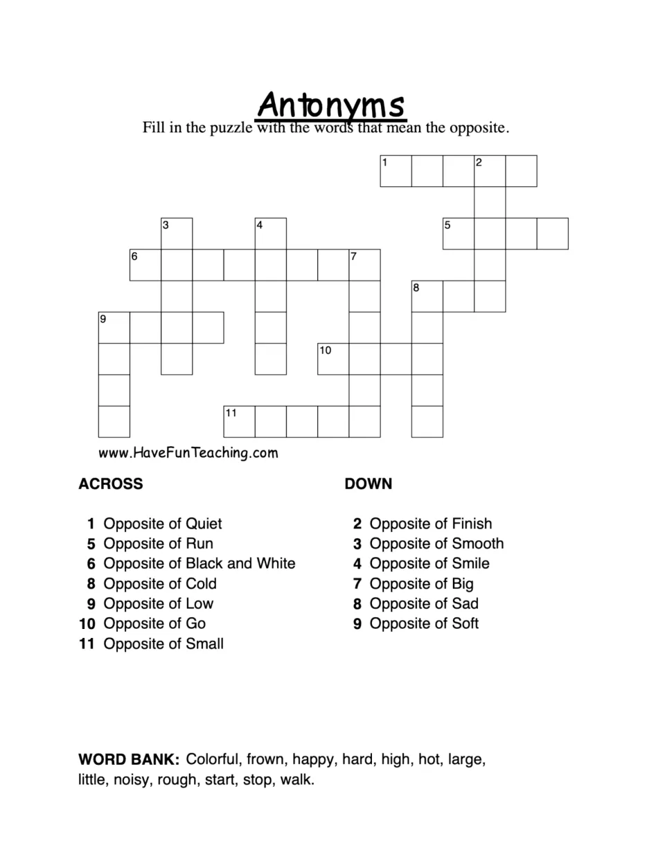 Antonyms crossword: students solve 13 clues like opposite of quiet or cold, choosing answers from a 13-word word bank
