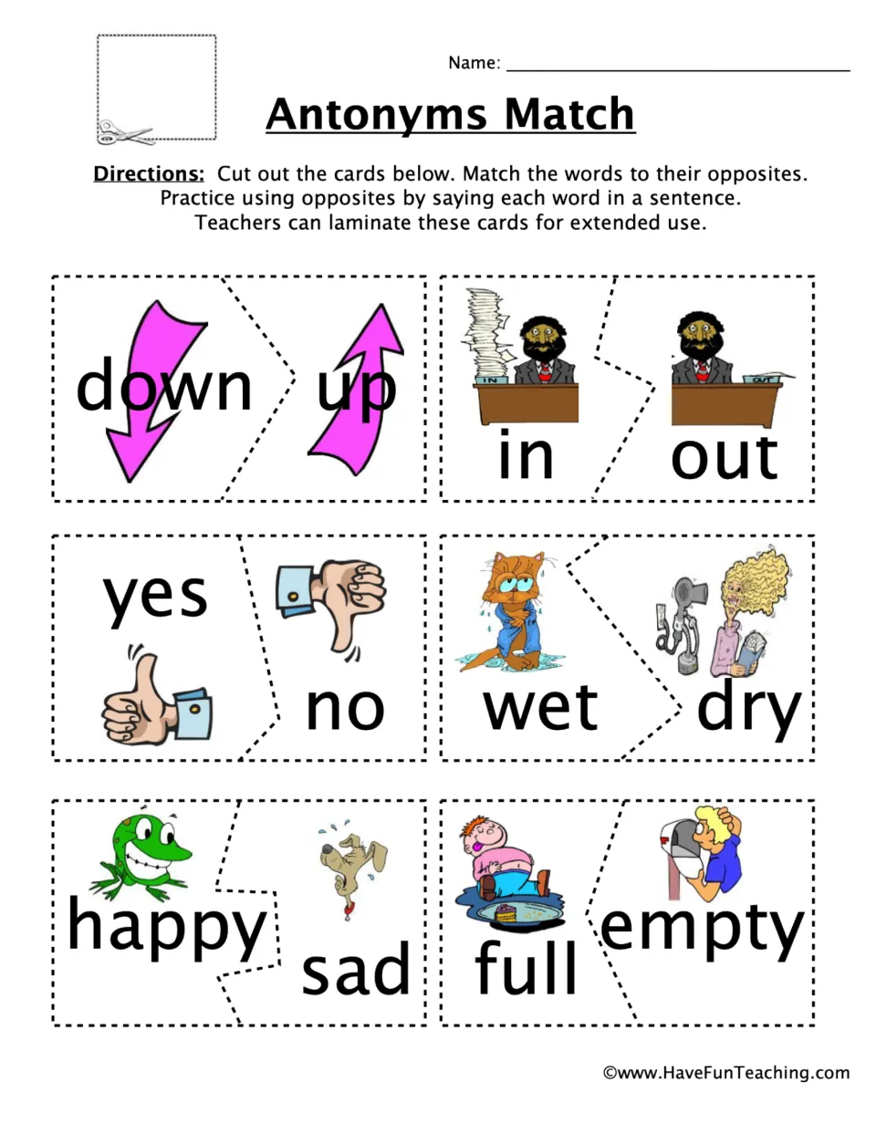 Antonym matching cards: down/up, in/out, yes/no, wet/dry, happy/sad and full/empty, with cutting directions