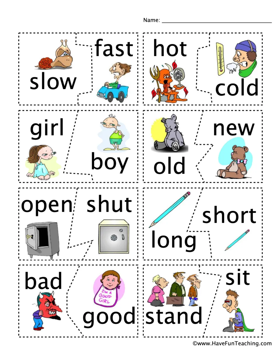 Antonym matching cards: slow/fast, hot/cold, girl/boy, old/new, open/shut, long/short, bad/good and stand/sit