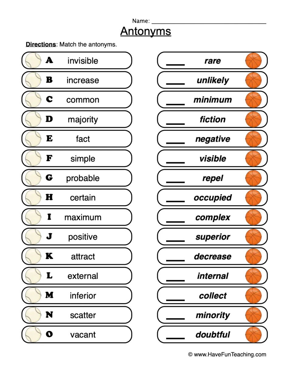 Antonym matching practice with 15 pairs, including invisible/visible, increase/decrease, and common/rare