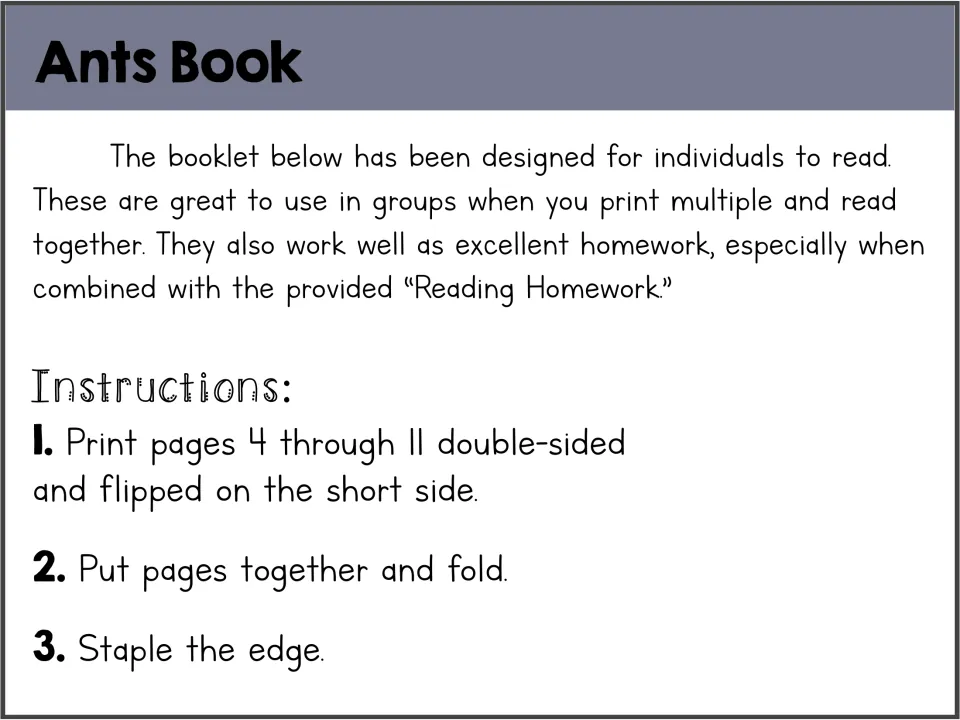 Ant booklet assembly instructions: print pages 4–11 double-sided, flip on the short side, fold, and staple