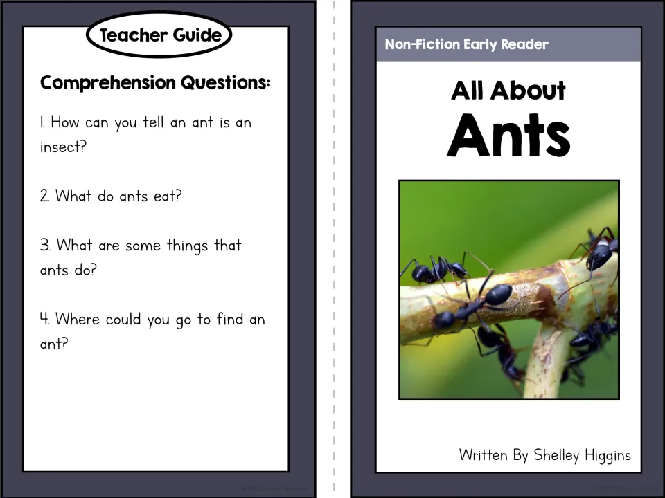 Booklet cover and teacher guide with four comprehension questions about ant traits, food, actions, and habitat