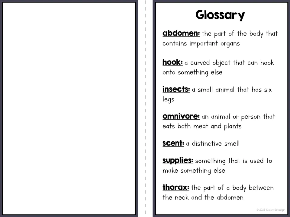 Booklet glossary defining abdomen, hook, insects, omnivore, scent, supplies, and thorax beside a blank panel