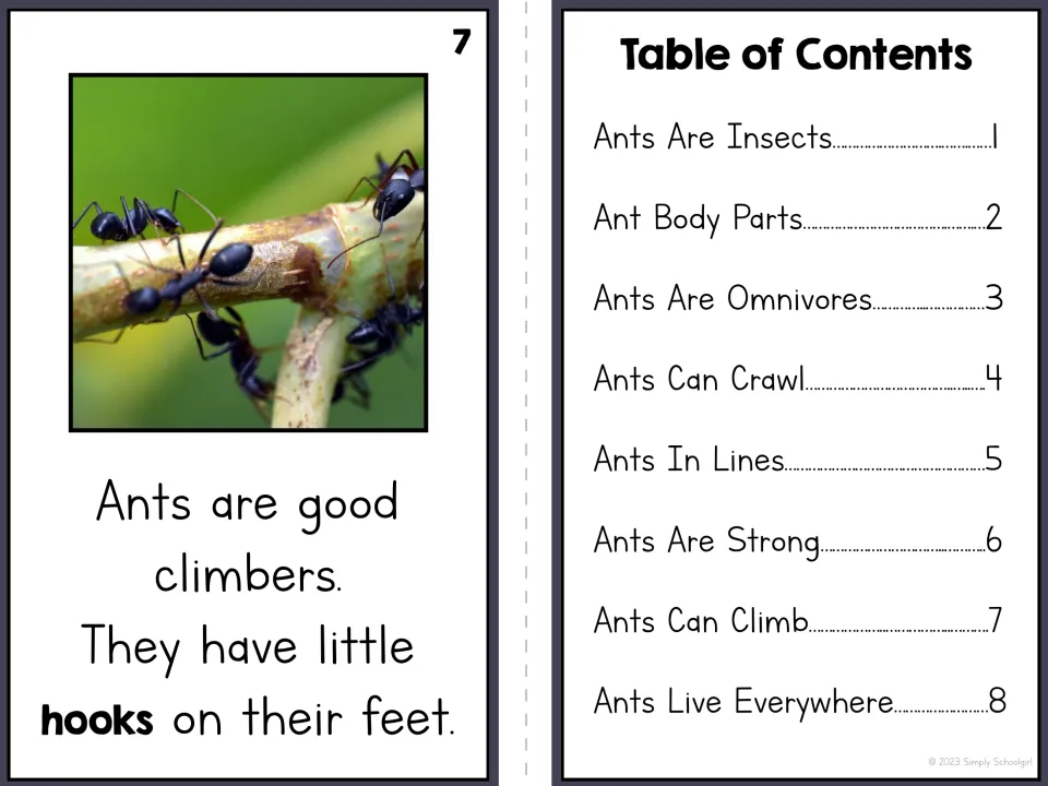 Ant reader page 7 describes climbing with little hooks on the feet, paired with the eight-topic table of contents