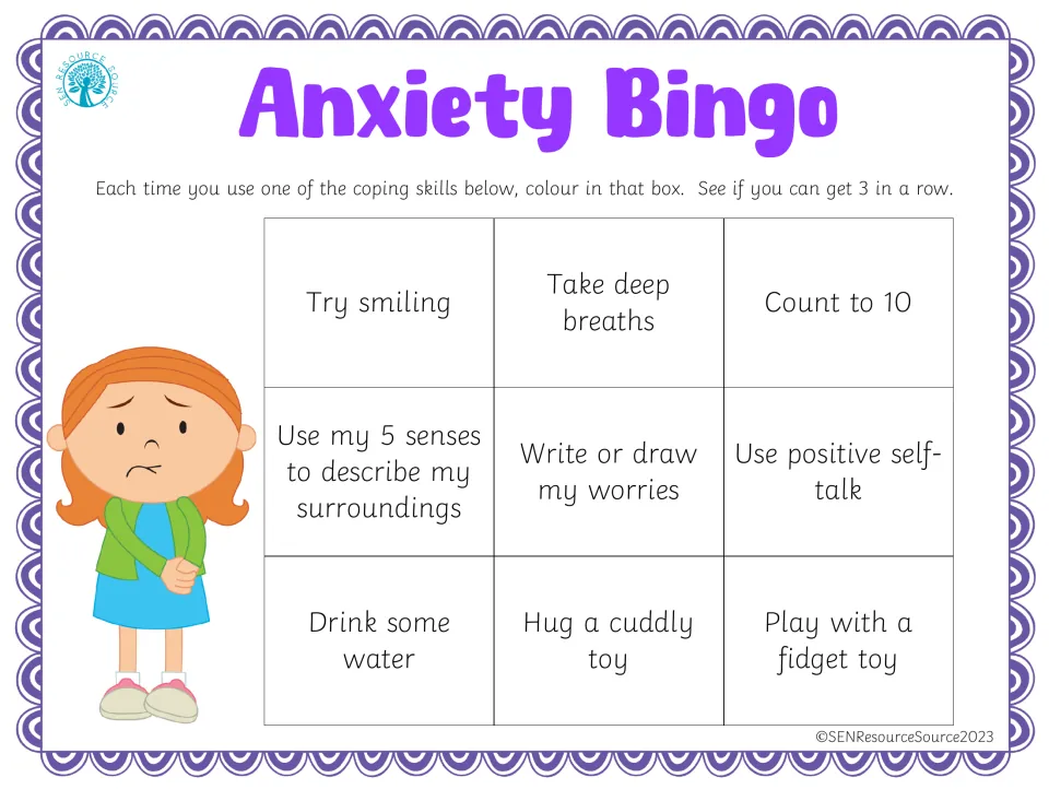 Anxiety Bingo in color: students colour each coping skill used, like deep breaths or counting to 10, aiming for 3 in a row