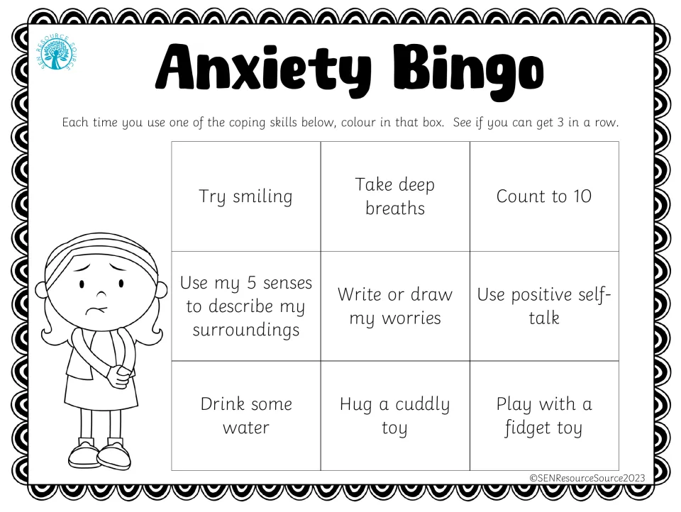 Black-and-white Anxiety Bingo: students shade coping skills like hugging a cuddly toy or positive self-talk for 3 in a row