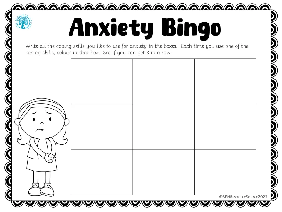 Blank Anxiety Bingo: students write their own preferred coping skills in nine empty squares, then colour each one as used