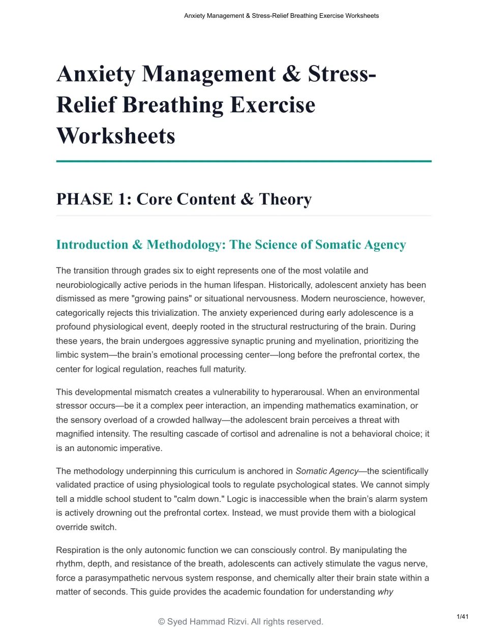 Breathing exercise guide title page opening Phase 1: Core Content & Theory with an intro on the science of somatic agency