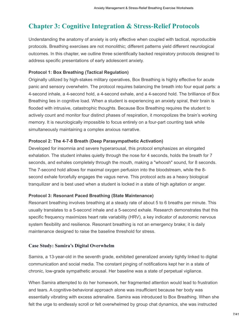Chapter 3 protocols: Box Breathing, 4-7-8 Breath and Resonant Paced Breathing, with Samira's digital overwhelm case study