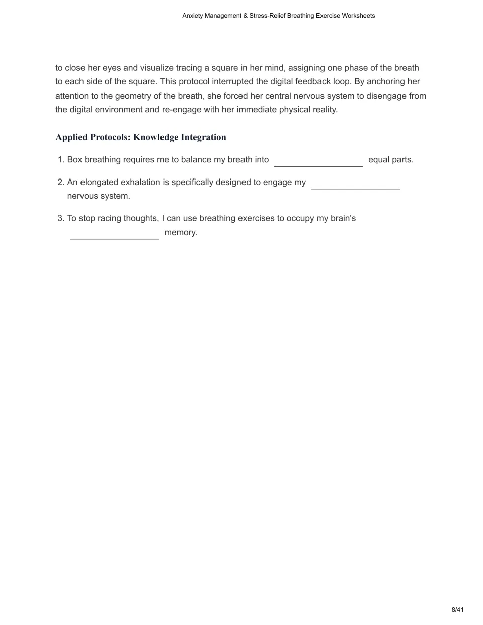 Applied Protocols check: students fill in blanks on box breathing's equal parts, long exhale and occupying working memory