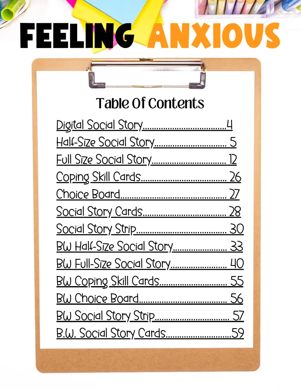 Table of contents lists social story formats, coping skill cards, a choice board, and black-and-white versions