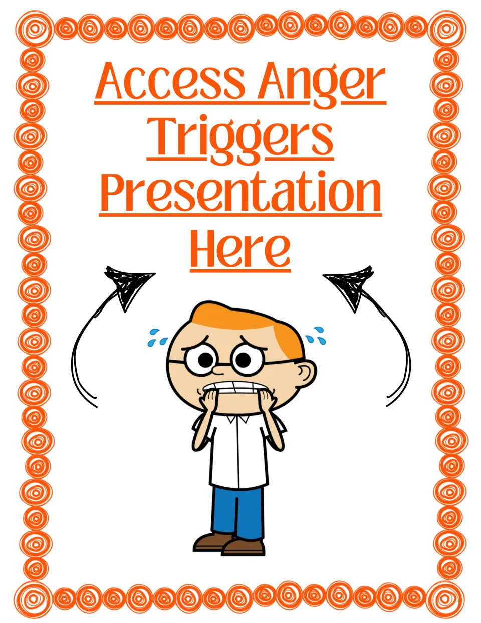 Digital presentation access page labeled 'Access Anger Triggers Presentation Here' above an anxious child