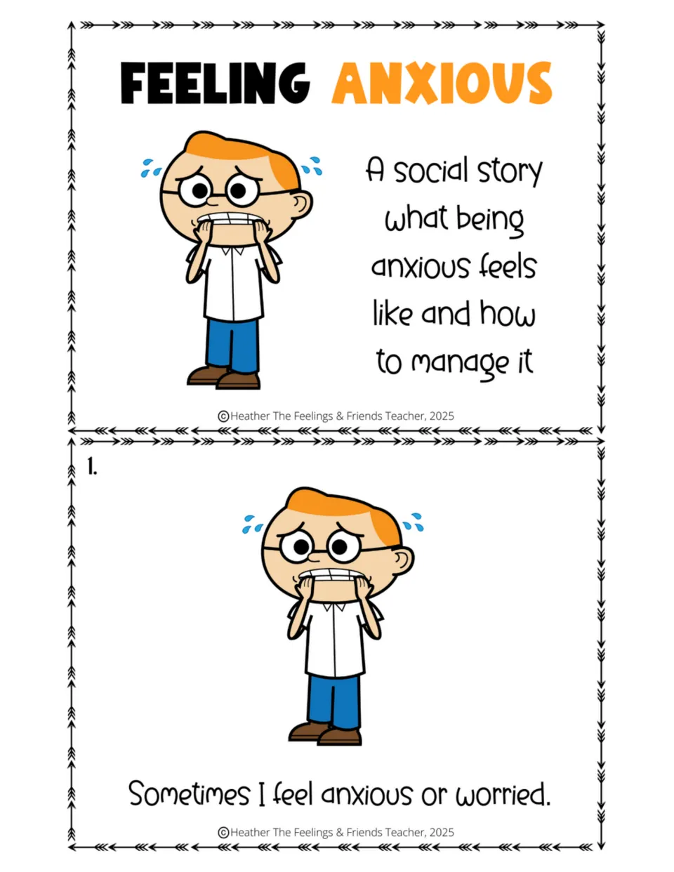 Half-size social story cover and page 1 introduce feeling anxious with 'Sometimes I feel anxious or worried.'