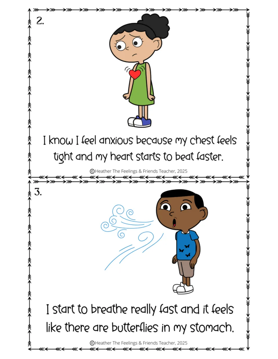 Half-size story pages 2–3 describe a tight chest, faster heartbeat, fast breathing, and stomach butterflies