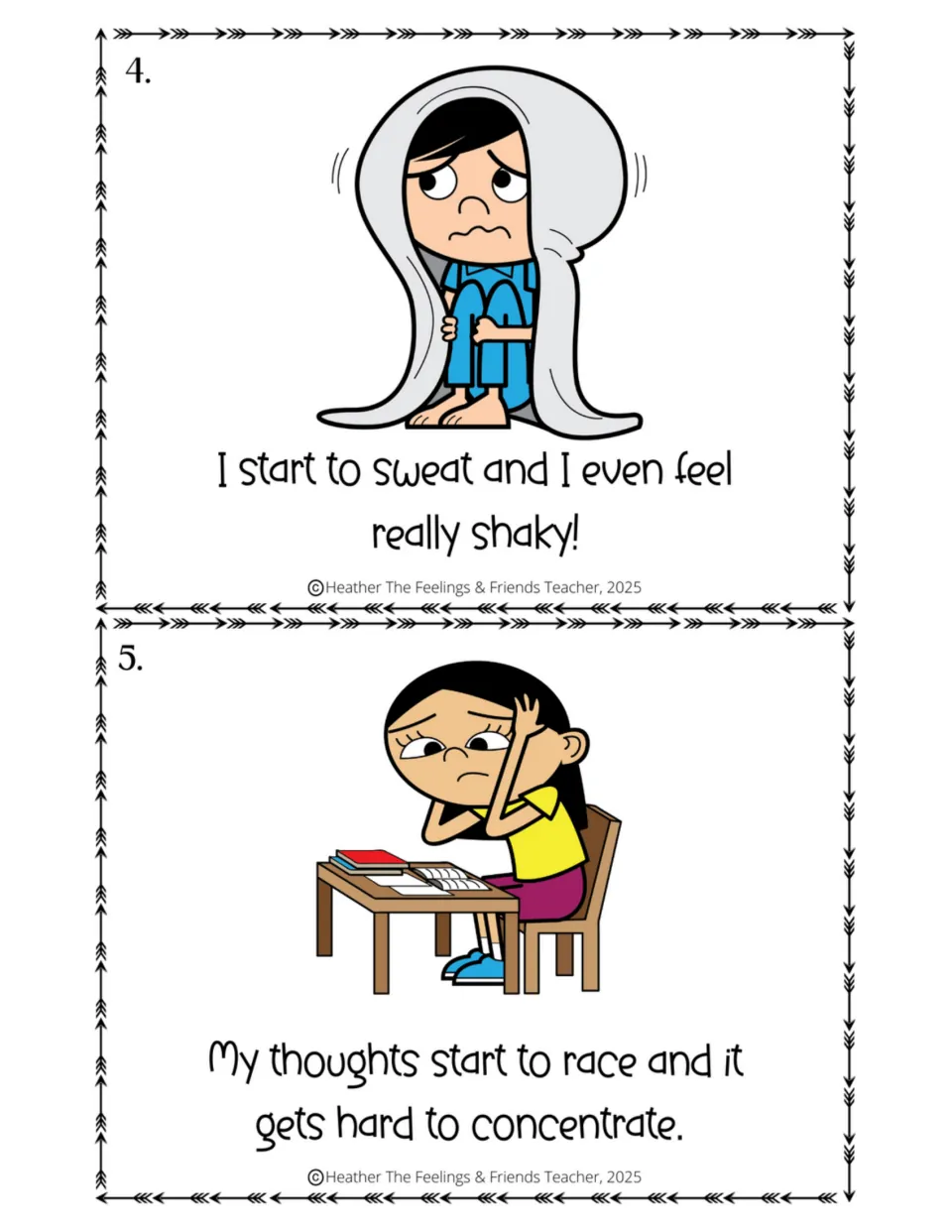 Half-size story pages 4–5 describe sweating, feeling shaky, racing thoughts, and difficulty concentrating