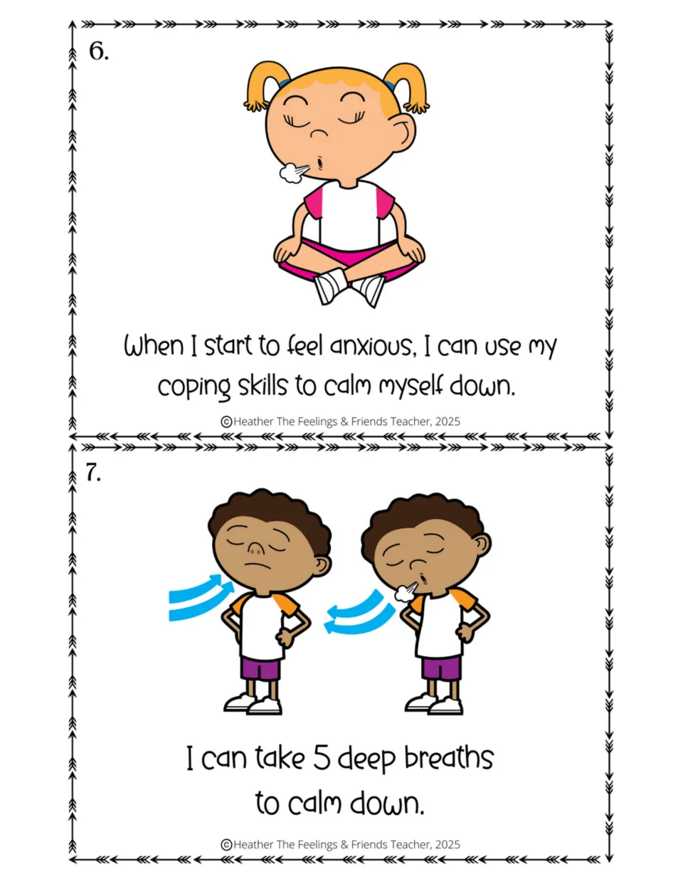 Half-size story pages 6–7 introduce using coping skills when anxious and taking five deep breaths to calm down