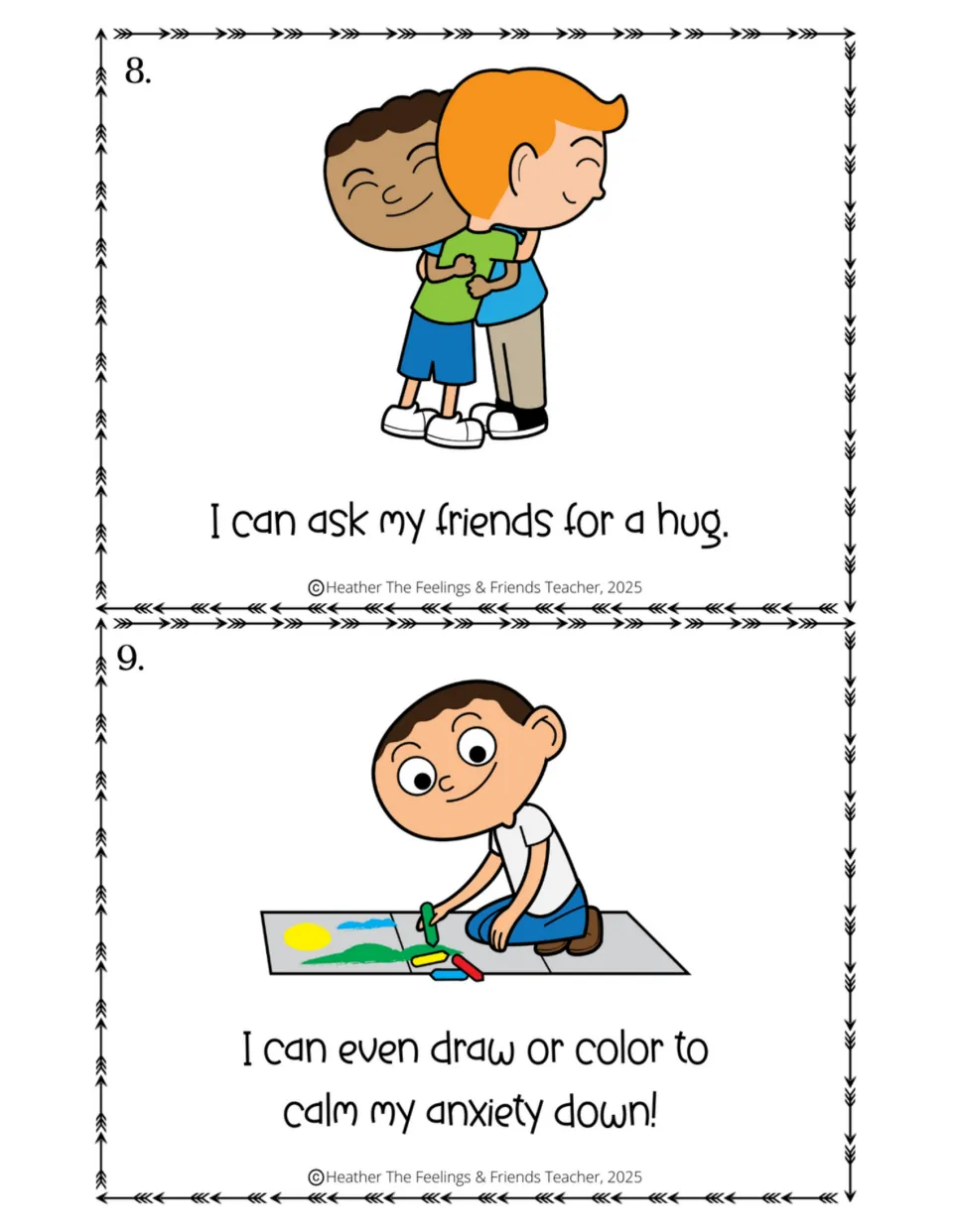 Half-size story pages 8–9 show asking friends for a hug and drawing or coloring as ways to calm anxiety