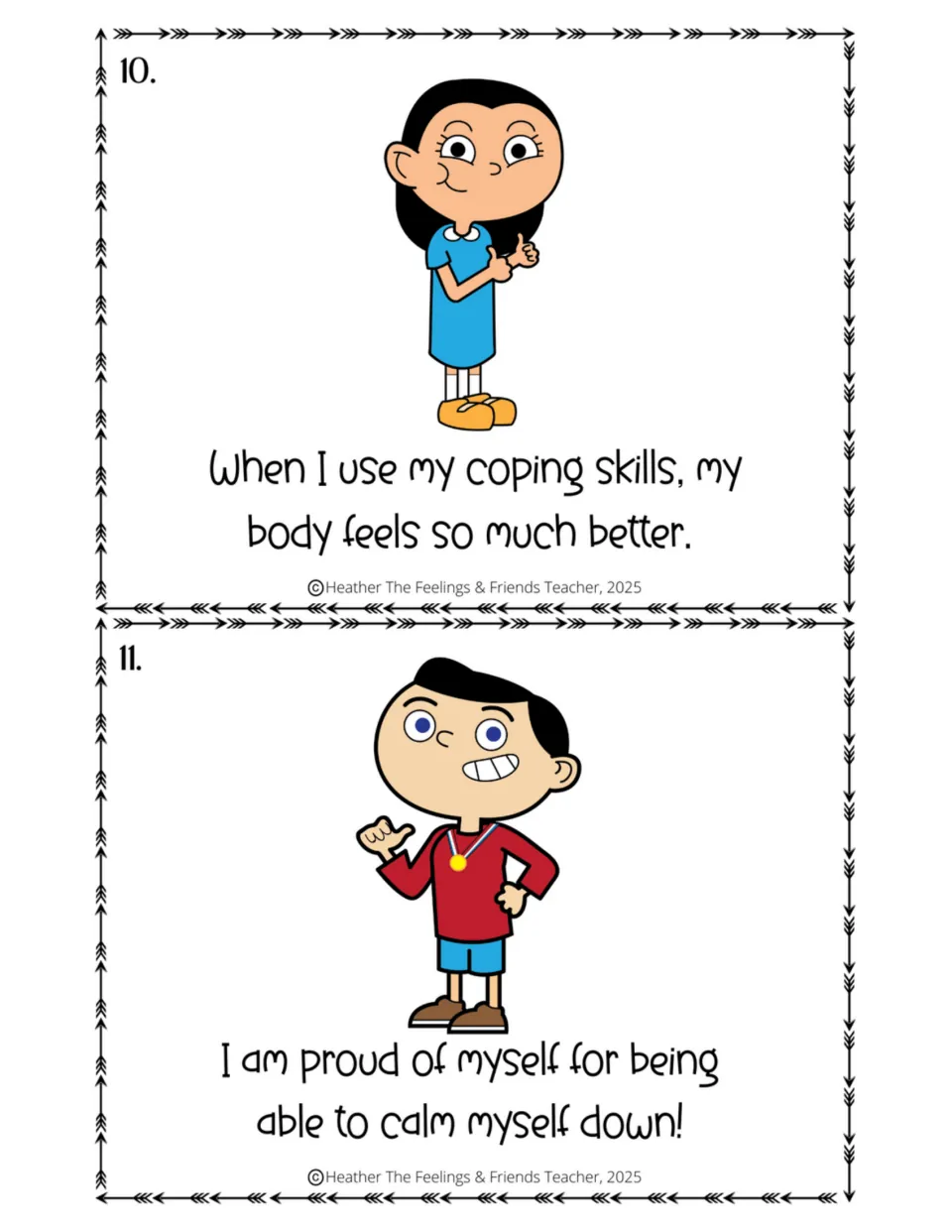 Half-size story pages 10–11 describe feeling better after using coping skills and pride in calming oneself