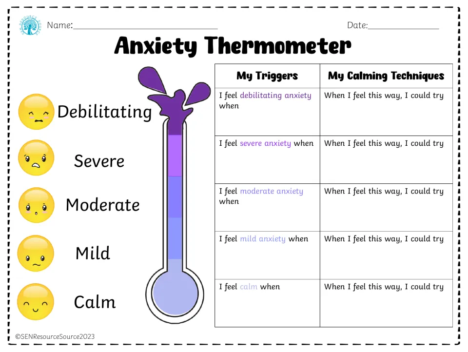 Anxiety thermometer from calm to debilitating: students write their triggers and a calming technique for each level