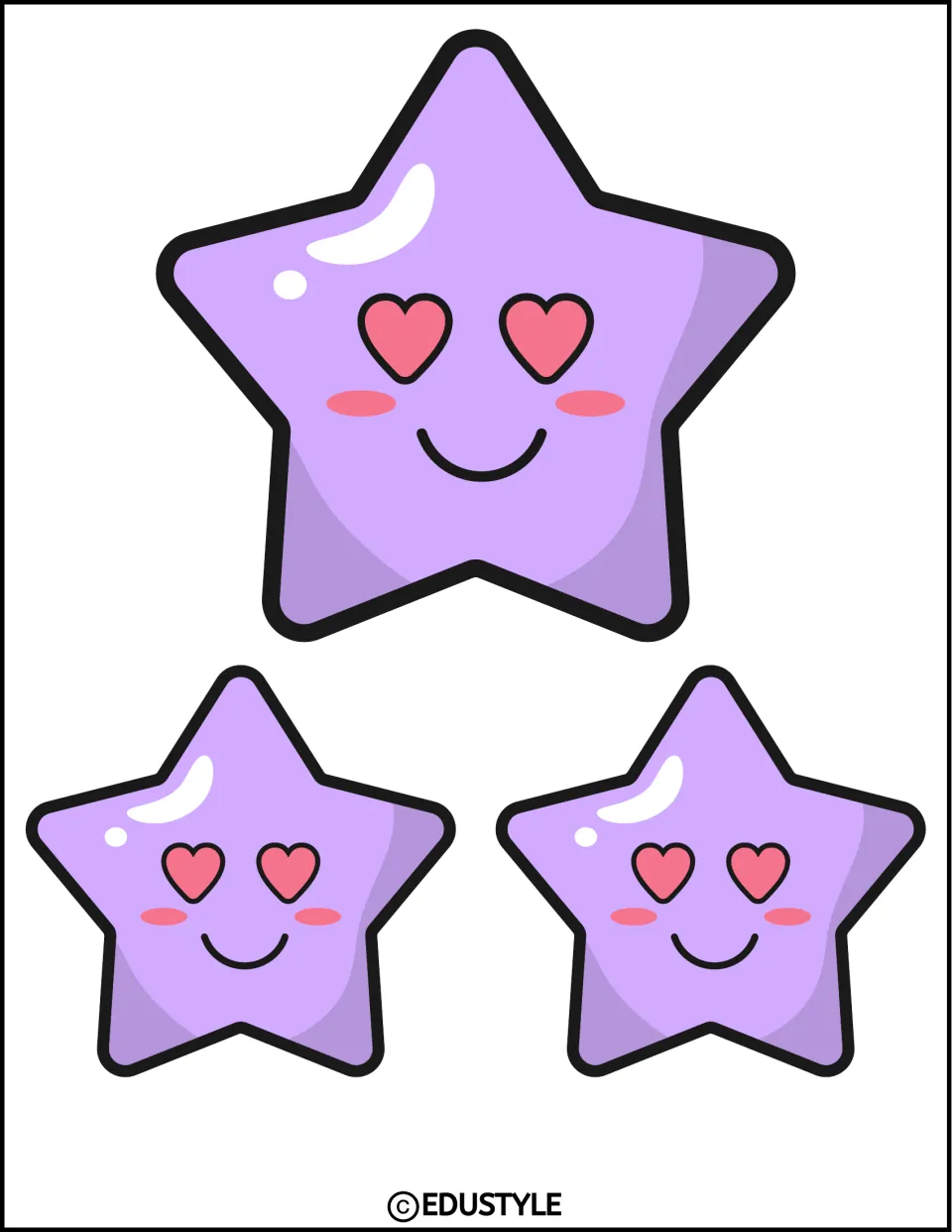 Three purple smiling star decorations for the popsicle display kit: one large and two small, with heart eyes