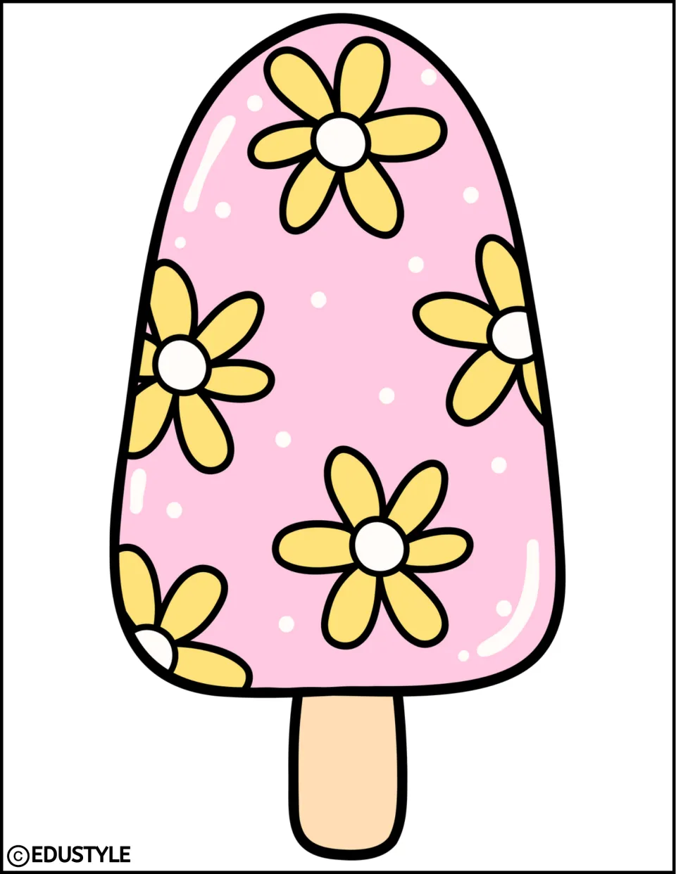 Pink popsicle decor cut-out: large ice pop covered in yellow daisies and white dots on a tan stick, filling the page