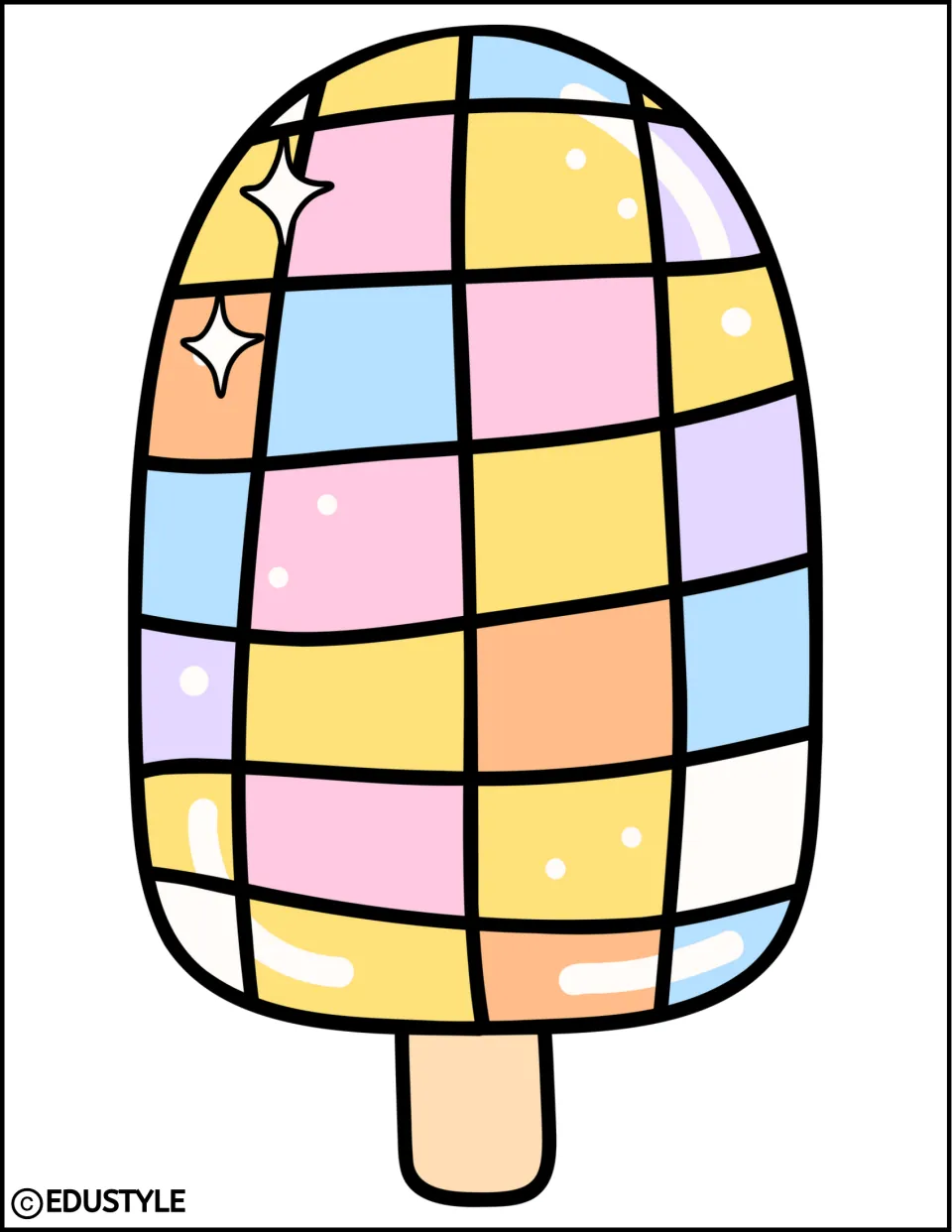 Patchwork popsicle cut-out: full-page ice pop checkered in pastel yellow, pink, blue, orange and purple with sparkles
