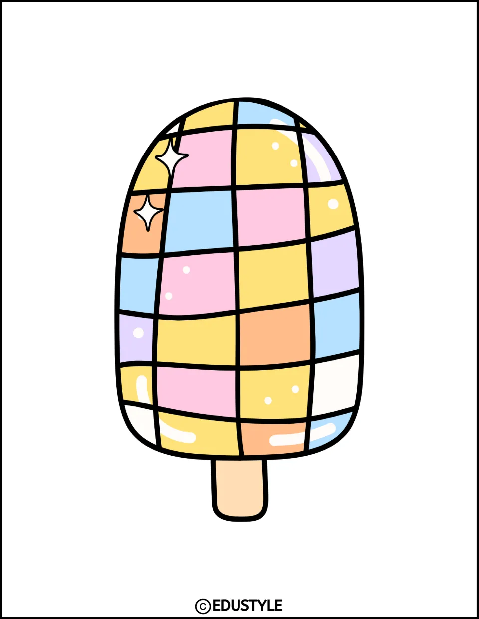 Smaller pastel checkered popsicle: the same patchwork ice pop with two sparkles, printed at a reduced centered size