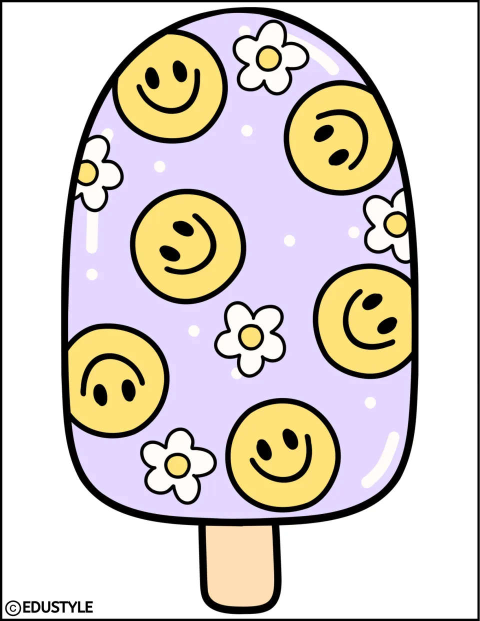Purple smiley popsicle cut-out: full-page lavender ice pop decorated with yellow smiley faces and white daisies