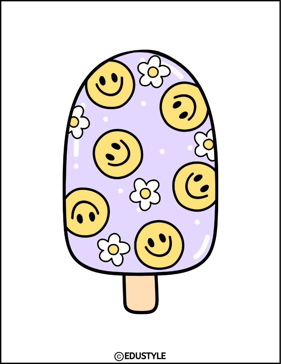 Smaller lavender smiley popsicle: the same smiley face and daisy ice pop design printed at a reduced size to cut out